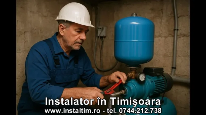instalator care repara un vas de expansiune la hidrofor