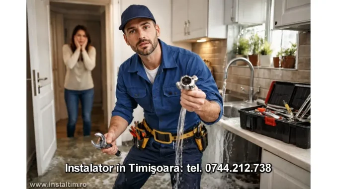 instalator intr-o bucatarie inundata